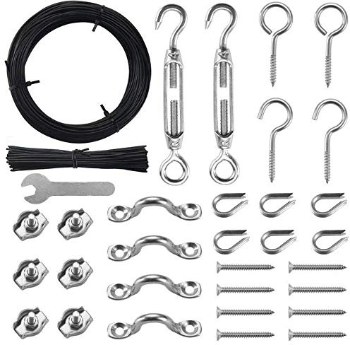 Byshun Outdoor Lights Hanging Kit,Globe String Light Suspension Kit,100FT Black Vinyl-Coated 304 Stainless Steel Guide Wire Cable,Include Wire Rope Tension Turnbuckle and Eye Hooks