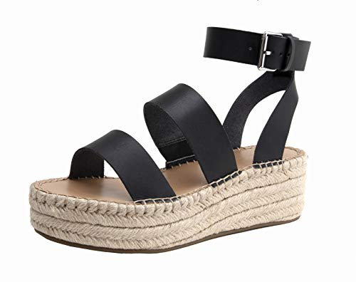 The Drop Listilla Sandales Espadrilles à Plateforme - Bride à la Cheville - Microsuède - Femme - Similicuir - Noir - 41 EU