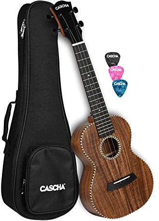CASCHA All Solid Acacia Konzert-Ukulele 23 Zoll I hochwertiges Ukulele-Set mit 3 Plektren & Tasche I markantes Design - warmer Klang I ideal für Anfänger & Fortgeschrittene I Kleine Hawaii-Gitarre