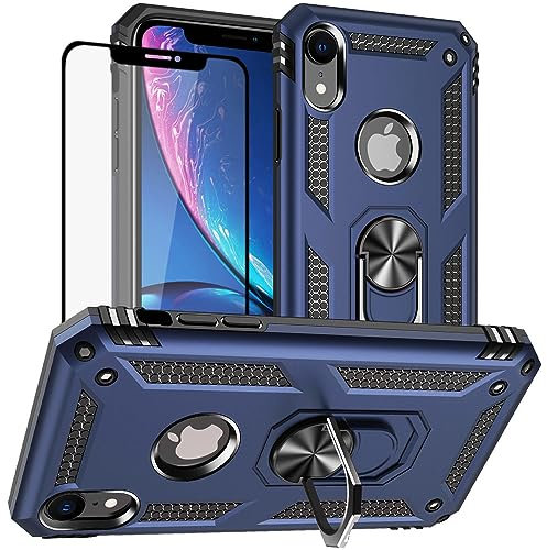 for iPhone XR Case, for iPhone XR Phone Case with Screen Protector, Yiakeng Military Grade Protective Cases with Ring for iPhone XR (Blue)