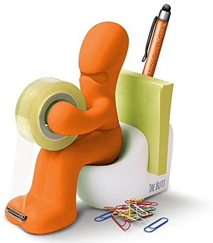 THE BUTT - Klebefilm-Abroller und Bürobedarf-Station - Schreibtisch-Accessoire - Origineller Schreibtisch-Organizer mit Briefklammern, Haftnotizzetteln und einem Stift - Ein ideales Geschenk (Orange)