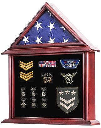 ARRAWIS Flaggen-Vitrine passend für 90x150 cm Veteranen-Gedenkflagge, Massivholz-Flaggen-Hülle mit Filzfutter für Abzeichen, Medaillen und Zertifikate, Massivholz, Schattenbox, Flaggenetui