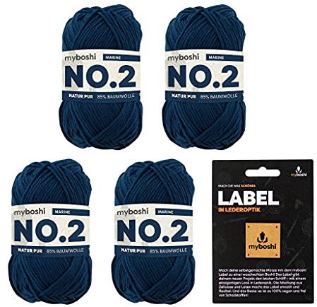 myboshi No.2 inkl. Label, Baumwolle zum Häkeln, Baby Wolle, vegane Wolle zum Stricken, Wolle 60 Grad waschbar, für Baby und Amigurumi, 50g, Ll 100m Blau (Marine) 4 Knäuel