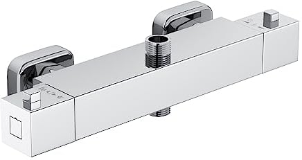 MORADO Duscharmatur Mit Thermostat, Armatur Dusche, Mischbatterie Dusche Mit 2 Auslässen, 3/4 BSP (26,4 mm) Auslass Oben und 1/2 BSP (21 mm), Quadratische Form, Verchromt