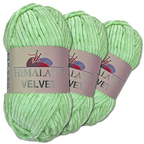 Wohnkult Himalaya 3 x 100 g Velvet Dolphin Wolle 40 Farben zur Auswahl Chenille Strickgarn Flauschwolle Glanz Accessoire Kleidung Decken (90007 | Mint)