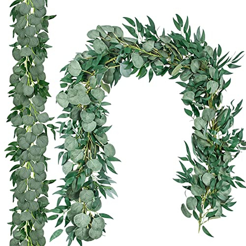RFWIN 2 Pack 6.5 Ft Artificial Eucalyptus Garland with Willow Leaves Fake Hanging Greenery Vines Table Runner Garland for Wedding Backdrop Arch Wall Decor
