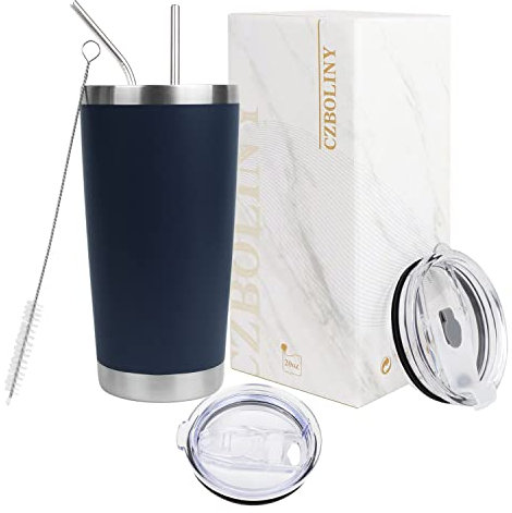 CZBOLINY 20oz Tumbler with 2 Lids,2 Straws,Insulated Stainless Steel Coffee Travel Mug,Insulated Cup Mug,Double Wall Vacuum Thermal Coffee Cups with Splash Proof Sliding Lid (Navy Blue Tumbler)