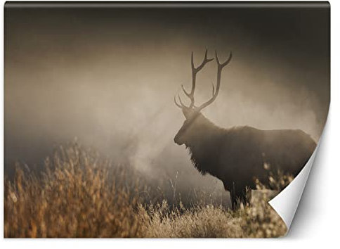 Feeby Fototapete Bäume Hirsche Landschaft 400x280 cm Beige XXL Vlies Wandtapete Tapeten Wohnzimmer Schlafzimmer Jugendzimmer Moderne Design Wandbild Wand Dekoration Natur Nebel Wald