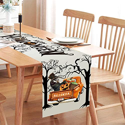 Happy Halloween Tischläufer, Grau Wald & LKW Tischwäsche, Halloween Party Deko Waschbar Festival Herbst Küche Esstisch Tischdekoration Drinnen und Draußen Tischdecke, 35x180cm