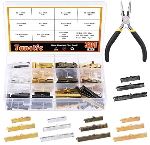 Tanstic 301Pcs 5 Colors 3 Sizes Ribbon Ends with Needle Nose Pliers, Crimps Cord End, Bracelet Pinch Crimp Ends, Bookmark Leather Fastener Clasps, Cord Clamp Ends Leather Crimp Ends for Jewelry Making