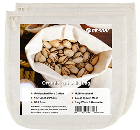 Lot de 2 Sacs à Lait de Noix Réutilisables, Tissu à Fromage Biologique, Tamis 100% Coton Non Blanchi, Passoire Naturelle pour Tamiser 30,5 x 30,5 cm