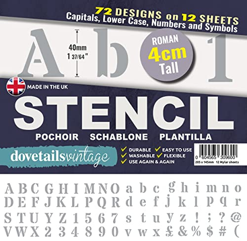 Dovetails Vintage 4 cm Tall Letter Stencil Kit - Roman Style Upper and Lower Case with Numbers and Symbols.