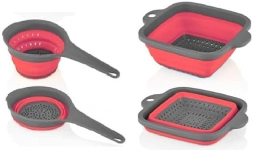 2Pcs Red Collapsible Colander Handle, Colanders & Food Strainers, Silicone Drain Basket Vegetable Fruit Basket, Kitchen Strainer Draining Pasta, Fruits, Vegetable, Perfect for Camping or Caravan.