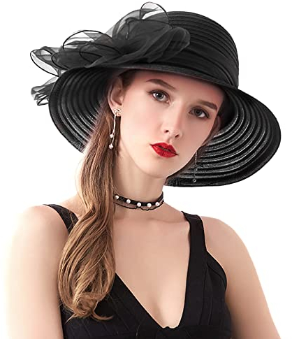 Naimo Damen Organza Kirche Kentucky Hüte Derby Fascinator Hut Elegante Schleife Breite Krempe Brauthut Tea Party Hochzeit Sonnenhut