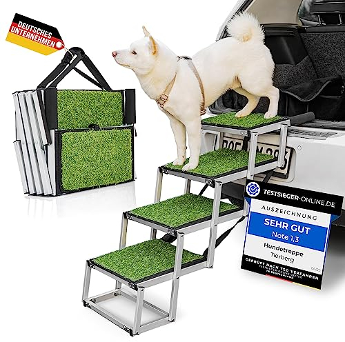 TIERBERG® Hundetreppe für Auto Zuhause Outdoor Klappbar [Kunstrasen-Oberfläche] 70kg Traglast - 67cm Faltbar |Jetzt Treppe aussuchen