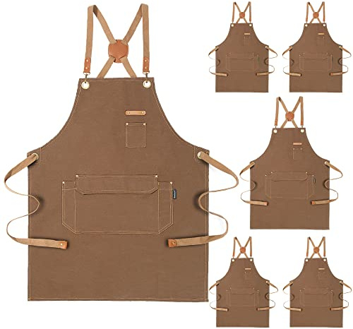 Genixart Chef Apron Men Women, Kitchen Aprons Cooking, BBQ - Brown, 6 Pack