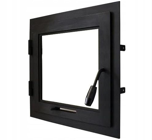 Puerta horno 75 x 58 cm, puerta chimenea con cristal para horno pizzero, hierro fundido. Sentido de apertura: a la derecha | El mango está a la izquierda. Con un collar.