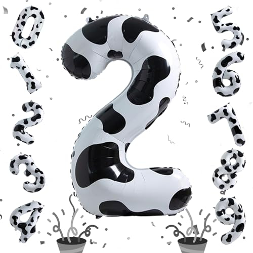 Kuh Deko Luftballon 2, 40 Zoll Helium Zahl 2 Luftballon Kinder Geburtstagsdeko, Folienballons Riesen Zahlen Ballon 2 für Mädchen Jungen Bauernhof Tierthema 2. Geburtstag Cowgirl Cowboy Party Deko