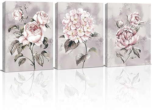KAIRNE 3er Grey Pink Wall Art,Rose Flowers Canvas Prints,Ready to Hang Pink Artwork Floral Painting(11.8”X15.6,Framed),Modern Romantic Poster for Women Girl Bedroom Bathroom Living Room Decor