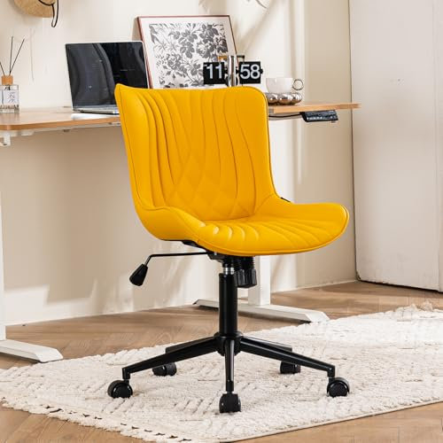 YOUTASTE Adjustable Office Chair, Leather Computer Desk Chair Ergonomic Armless Swivel Chairs with Wheels for Home Office, Modern, Yellow