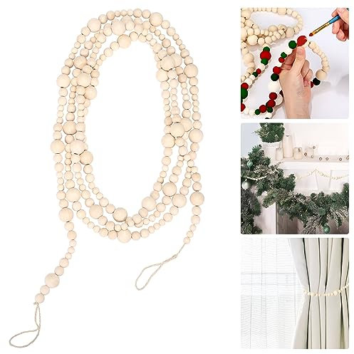 GWHOLE11.8ft Christmas Wood Bead Garland Xmas Tree Decor Natural Rustic Wooden Garland for Farmhouse Wreath Mantle Wall Hanging Holiday Decoration
