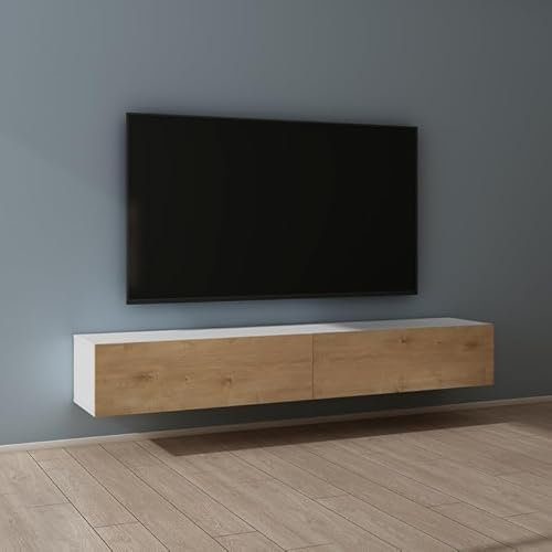 Mai & Mai Fernsehtisch Fernsehschrank TV Schrank Verdeckter Griff mit Soft-Close Lowboard Hängeschrank für Wohnzimmer in Matt Weiß + Kerneiche BTH: 200x40,2x30 cm Fernsehschrank02