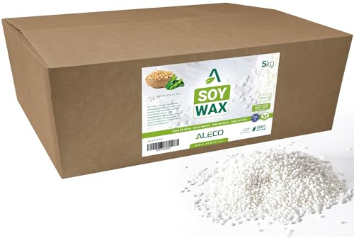 ALECO Cera de Soja 5KG en Perlas Premium, Fusión 48-52ºC, en Vaso, Ideal Microondas, Olor Neutro, 100% Vegetal Eco, para Fabricar Velas, Cosmética, Ambientadores, Permite Aromas. (5KG)