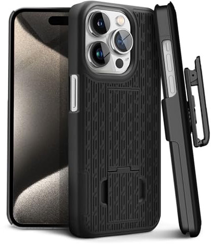 MOTIVE for iPhone 15 Pro Max Case with Belt Clip, Shell Holster Combo for Apple iPhone 15 Pro Max Holster, Slim Rugged Case, Drop Shockproof Protective Cover & Kickstand, 6.7 inch | Black