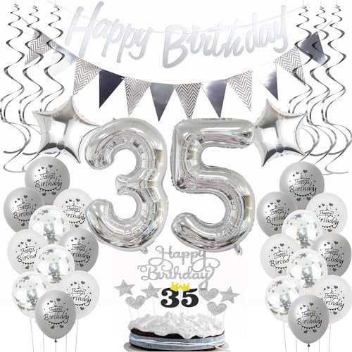 Silber Geburtstagsdeko 35 Jahre Frau Mann,ballon 35 Geburtstag Frauen Deko, Luftballons 35. Geburtstag Deko Frau silber ,Party Deko 35. Männer Tortendeko 35 Mann deko