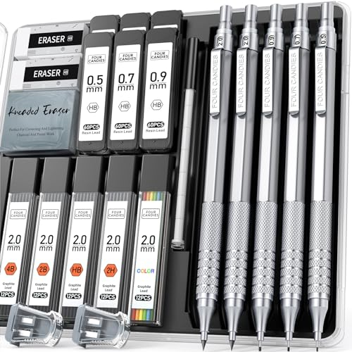 Four Candies Porte-mines en métal, 3 crayons à papier 0.5, 0.7, 0.9MM & 2 crayons à papier 2MM avec 420 mines (4B 2B HB 2H Color) pour l'écriture, le croquis et le dessin (Silver)