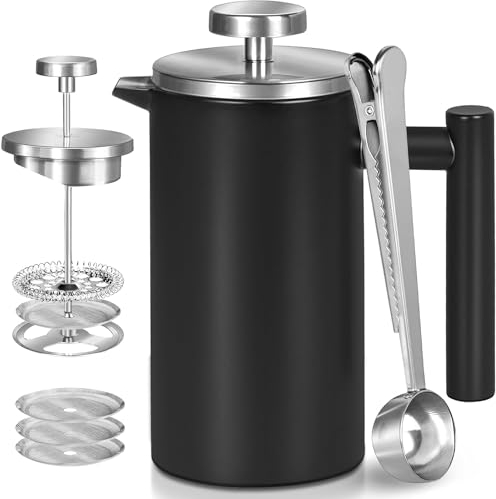 Wrobic French Press Cafetière à piston 1 litre Double paroi Isolée Presse française 1000 ml 3 filtres supplémentaires et cuillère à café Presse française pour la maison, le camping et le bureau Noir