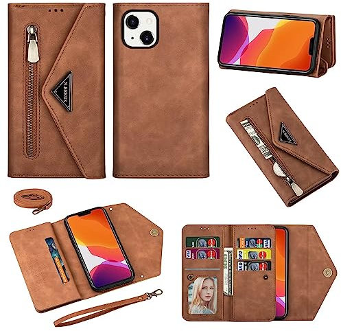 FERLAN Coque Huawei P20 Lite avec Cordon, Étui Portefeuille en Cuir Microfibre avec Kickstand Fentes pour Cartes Poche À Glissière,Réglable Collier Housse Etui Rabat -Brun