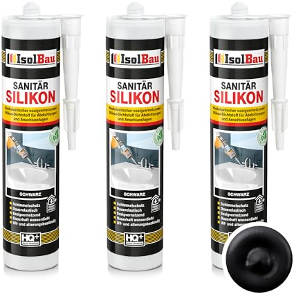 Isolbau Sanitär Silikon 3 x 300 ml Schwarz - Hochelastischer Silikon-Dichtstoff für Abdichtungen & Fugen – Schimmelresistent, wasserdicht - Kartusche