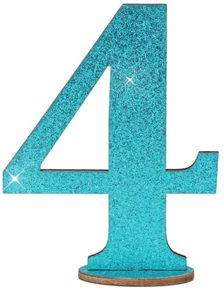 Oblique Unique® Zahlen Holz Aufsteller Türkis mit Glitzer Dekoration für Geburtstag Jubiläum Deko Tischdeko Torten Deko (Zahl 4)