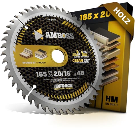 HM Kreissägeblatt 165x20 16 Z48 Wechselzahn für Akku Holz - Super Feinschnitt. AMBOSS WERKZEUGE® Sägeblatt 165mm +Reduzierring 16 20mm. 165x20 165x16 komp. zu Bosch GKS 18v-57g. GKT 55 GCE Makita SP60
