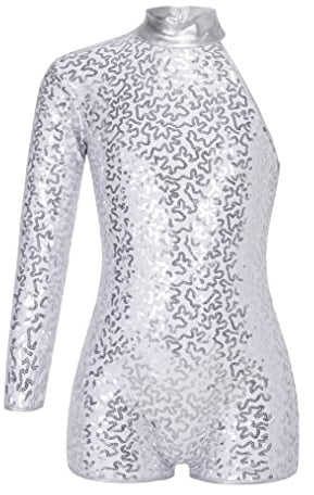 Freebily Kinder Mädchen Overall Glänzende Pailletten Gymnastik Trikot Tanz Leotard Ballettkleidung Body Sport Jumpsuit Show Party Ganzanzug Silber_A 146-152