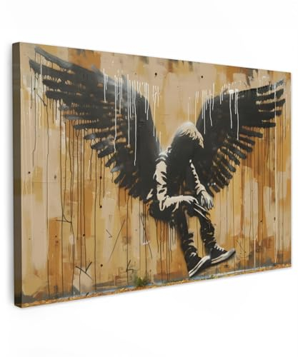 MuchoWow© Leinwand 90x60 cm Deko Schlafzimmer Aesthetic Leinwandbilder Wohnzimmer Gemälde Foto Geschenk Living Room Decoration Graffiti - Kunst - Flügel - Street art - Banksy