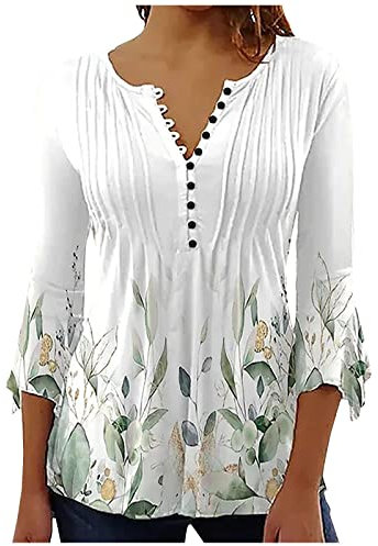AnnSemo 3/4 Sleeve Tops for Women UK Summer V Neck Button Down Shirts Elegant Floral Printed Tunic Tops Flowy Pleated Blouses Casual Going Out Vintage Plus Size T-Shirts