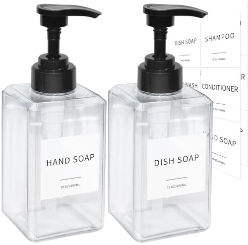 Clear Soap Dispenser with Waterproof Labels, Thickened Plastic Hand Soap Dispenser for Bathroom, Kitchen Dish Washing Liquid Bottles, Shampoo and Conditioner Bottles with Funnel (15oz 2Pack Clear)