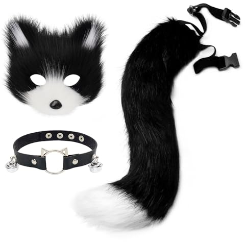 hbbhml Pelzige Katze Fuchs Maske Wolf Schwanz Karneval Halloween Party Cosplay Kostüm Leder Hals Choker Zubehör Set für Kinder Erwachsene