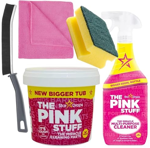 Pink Stuff Miracle Cleaning Paste 850g & Pink Stuff Multi-Purpose Cleaner Spray 850ml Bundled with Crevice Grout Gap Brush, Cloth & Sponge For Household, Kitchen, Bathroom Cleaning