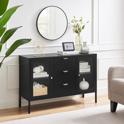Furniturebox UK Black Metal and Glass Cabinet - Kafe - Storage And Display Sideboard - 2 Glass Panel Doors - Exposed Shelving - Living Room Bedroom Storage - Console Cabinet - Modern Industrial