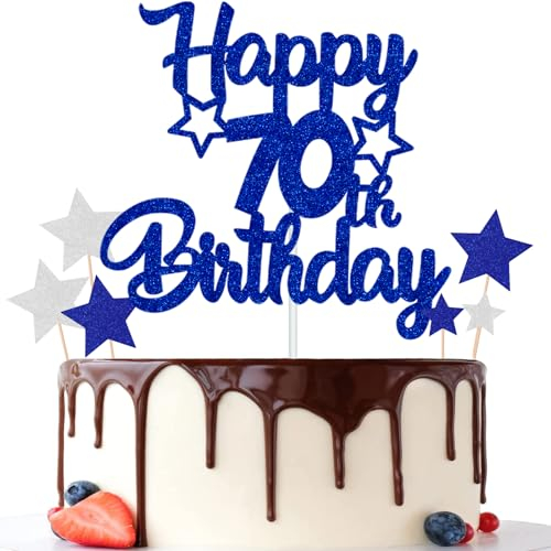 Gidobo 70th Birthday Cake Toppers, Blue Glittery Cake Decorations with Stars, Seventy Years Old Birthday Party Supplies for Men and Women