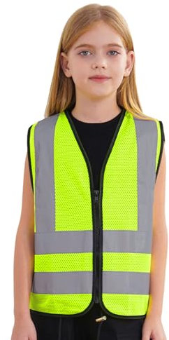 Gilet de Sécurité MSemis Garçon Fille - Haute Visibilité, Réfléchissant, Zippé, Signalisation - Taille 3-12 ans, Jaune Fluo