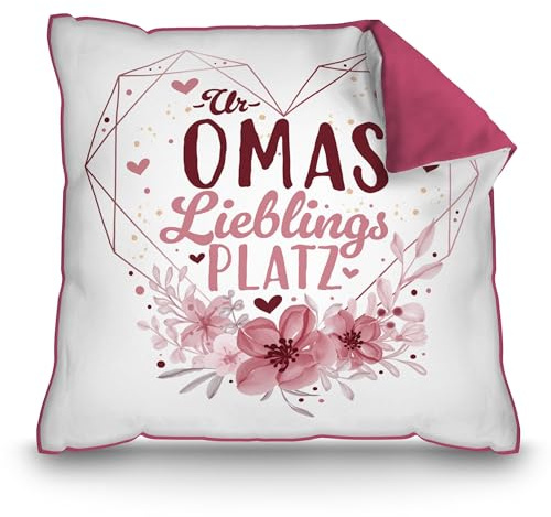 Print Royal PR Kissen für Uroma - Uromas Lieblingsplatz - Persönliches Geschenk für Uroma zum Geburtstag, Muttertagsgeschenk | inkl. Füllung, 40 x 40 cm, Rückseite Pink
