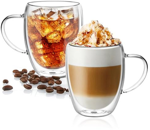AstraLoom Double Walled Coffee Mug Set - 350ml×2 Glass Coffee Mugs with Handle, Insulated for Hot/Cold Drinks, Perfect for Tea/Juice/Cappuccino/Espresso (Transparent)