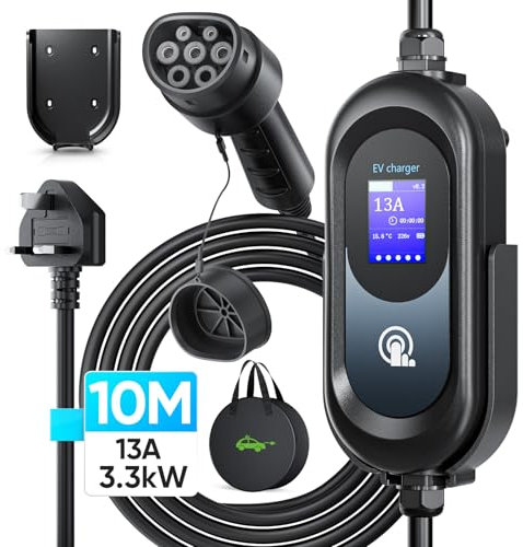 Type 2 to 3 Pin EV Charger Cable - 10M, 6/8/10/13A, 3.3kW, LED Screen, IP67/IP54 for EVs & PHEVs