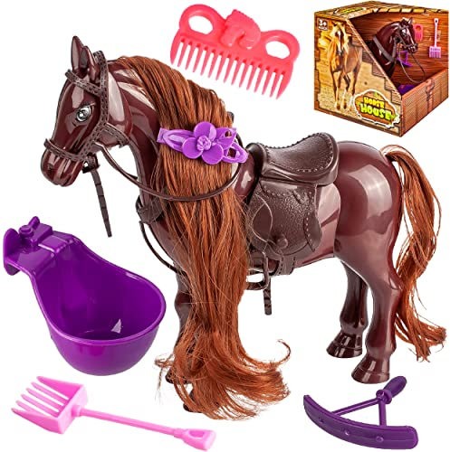 Spielzeugpferd/Pferd + Zubehör - passend für Barbie Puppe - 17 cm hoch - mit abnehmbaren Sattel + Zaumzeug - mit Haaren - ideal auch für 29 cm Spielzeug Pu..