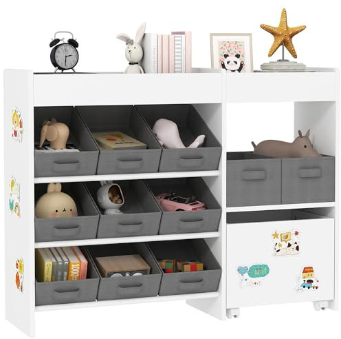 AIYAPLAY Kids Toy Storage Unit, Children Toy Box Organiser with 11 Fabric Bins, Cabinet, Top Shelves, 3 Stickers, Kids Storage Unit Bookshelf for Nursery, Playroom, Kindergarten, White