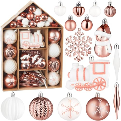 BRUBAKER 70 Boules de Noël - Set de Boules de Noël avec Locomotive, Bonhomme de Neige, Boules, Coeurs et Flocons de Neige - Boule de Noël Décorations Pendentif pour Arbre de Noël - Blanc Rosé Or